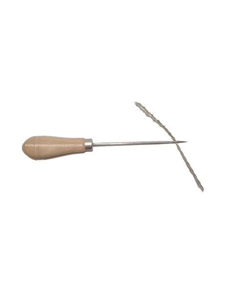 Perforated awl with straight edge and wooden handle