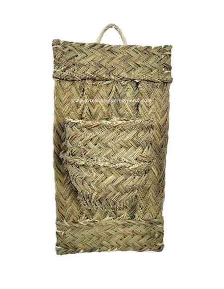 Cache-pot pour 1 pot sur un tapis en sparte naturel avec poignée