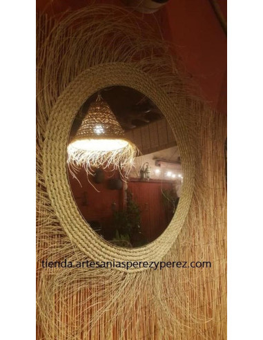 Miroir rond avec des franges en sparte naturel
