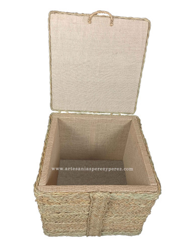 Pouf-coffre carré en sparte, doublé de jute naturelle