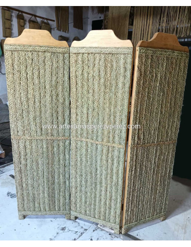 Solid wood screen with esparto, 3 panels