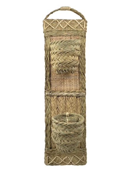 Cache-pot mural vertical dual en sparte et raphia naturel pour 2 pots
