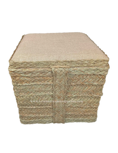 Pouf-coffre carré en sparte, doublé de jute naturelle