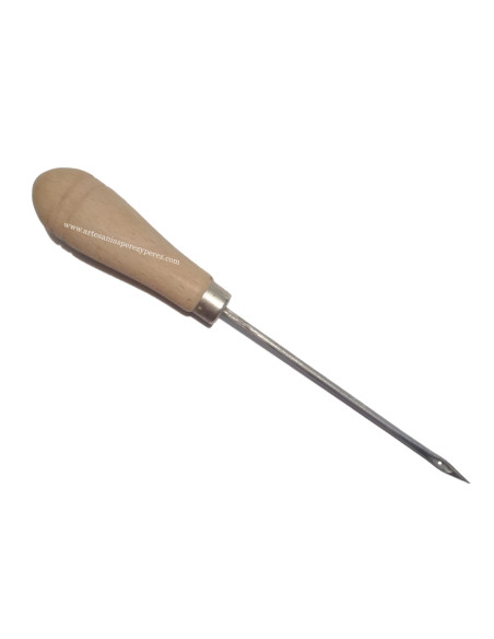 Perforated awl with straight edge and wooden handle
