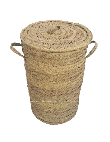 Cesto circular de esparto con ruedas y tapa