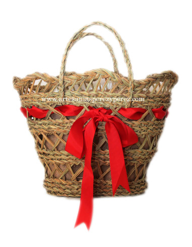 Bolso calado de esparto natural con 2 asas forrado de yute y lazo