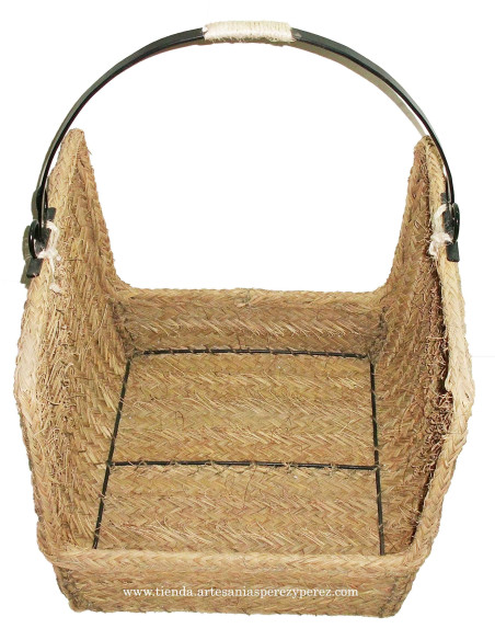 Porta-lenha alta de esparto natural com alça de ferro forjado
