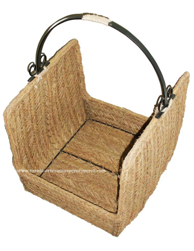Porta-lenha alta de esparto natural com alça de ferro forjado