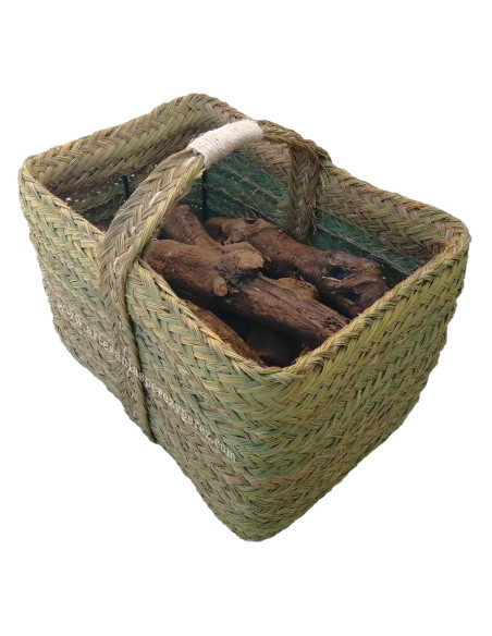 Cesto/Leñero rectangular de esparto natural con armazón de forja
