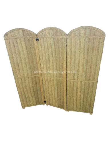 Biombo de madera y esparto, 3 paneles plegables