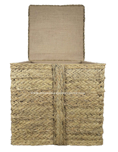 Puff-baúl cuadrado de esparto natural forrado con tapa