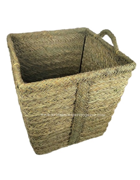 Square log holder in natural esparto with strong handles