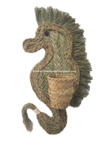 Natural esparto wall plant pot in the shape of a seahorse