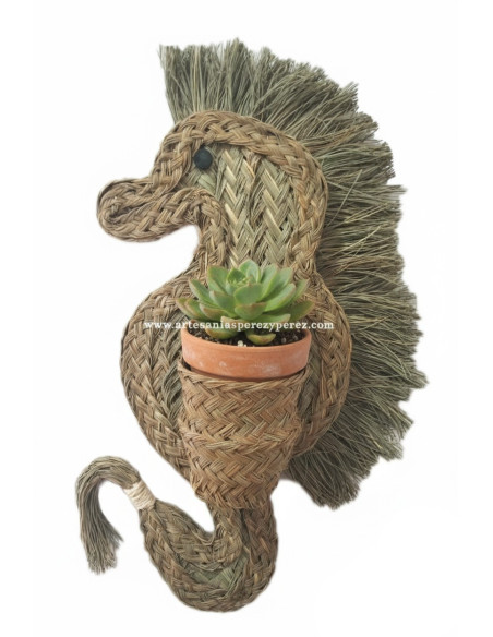 Natural esparto wall plant pot in the shape of a seahorse