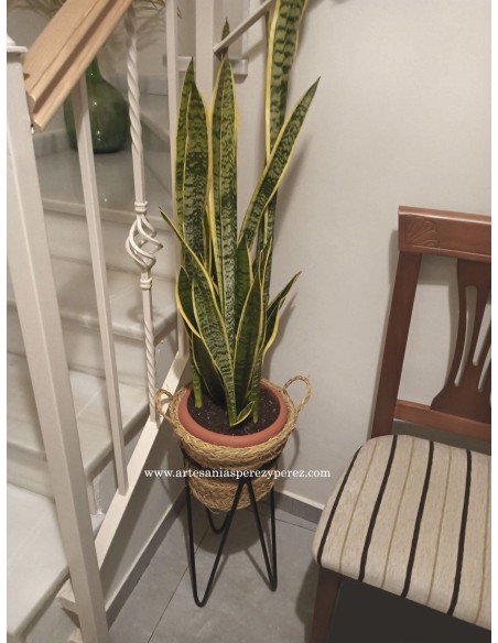 Vaso alto de esparto natural com suporte de forja